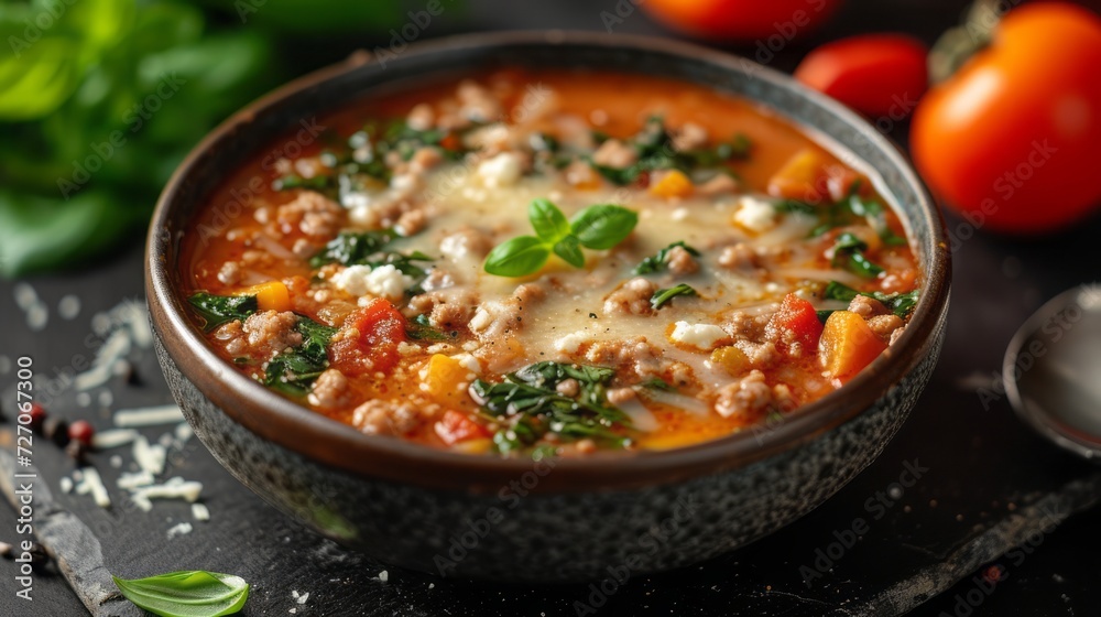 Italian Homemade Lasagna Soup with Basil and Cheese