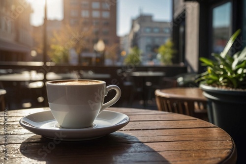 Morning coffee. White cup of coffee on table in outdoors cafe with blurred city street background
