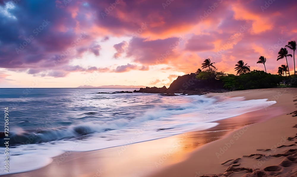 Fototapeta premium Hawaii beach sunset with dramatic purple and orange sky palm trees and golden ocean reflection