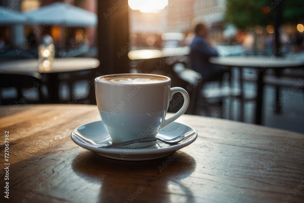 White cup of coffee on table in morning time in outdoors cafe with blurred city street background White cup of coffee on table in morning time in outdoors cafe with blurred city street background
