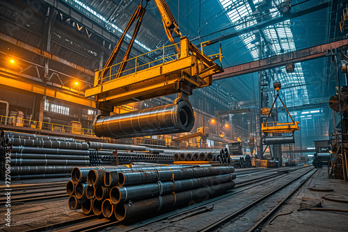 A gantry crane loads bundles of steel pipes at a metallurgical plant. photo