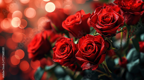 Close up of red roses bouquet on blurred sparkling backdrop. Love romantic concept. Valentine's day. Generative AI © AngrySun
