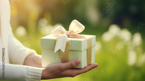 person holding a gift box with a ribbon, spring gift, spring celebration, easter present, gift and spring flowers, best selling