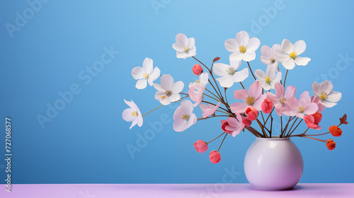 spring flowers in a vase, flower in a vase wallpaper, minimalism, flowers background, blue background and flowers in a vase