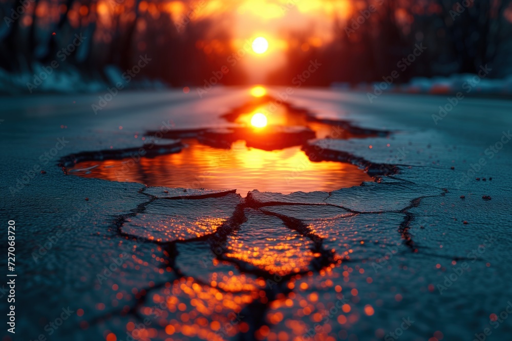Road crack in the road and car moving on asphalt surface Generated by AI Road crack in the road and car moving on asphalt surface Generated by AI