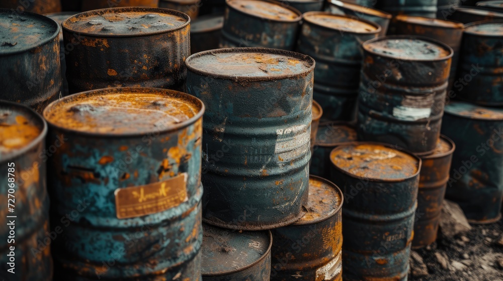 Polluting barrels containing petroleum products and toxic chemicals, posing environmental hazards. Polluting barrels containing petroleum products and toxic chemicals, posing environmental hazards.