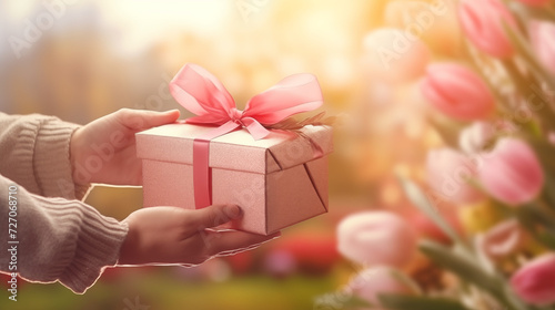 spring gift offered to a woman, gift giving, gift box and spring flowers, spring is coming, easter gift for a woman, spring present, best selling