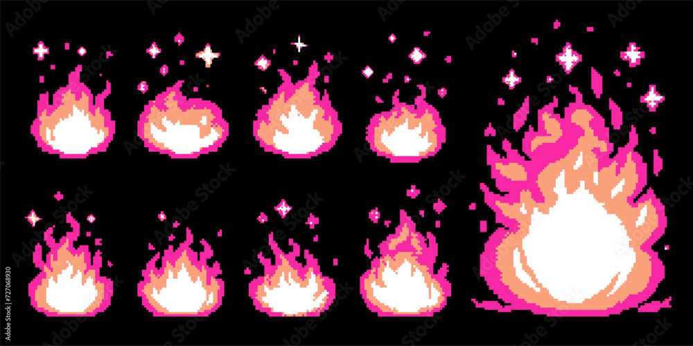 Pixel art cartoon pink fire flames. Vector 8 bit asset and effects for ...