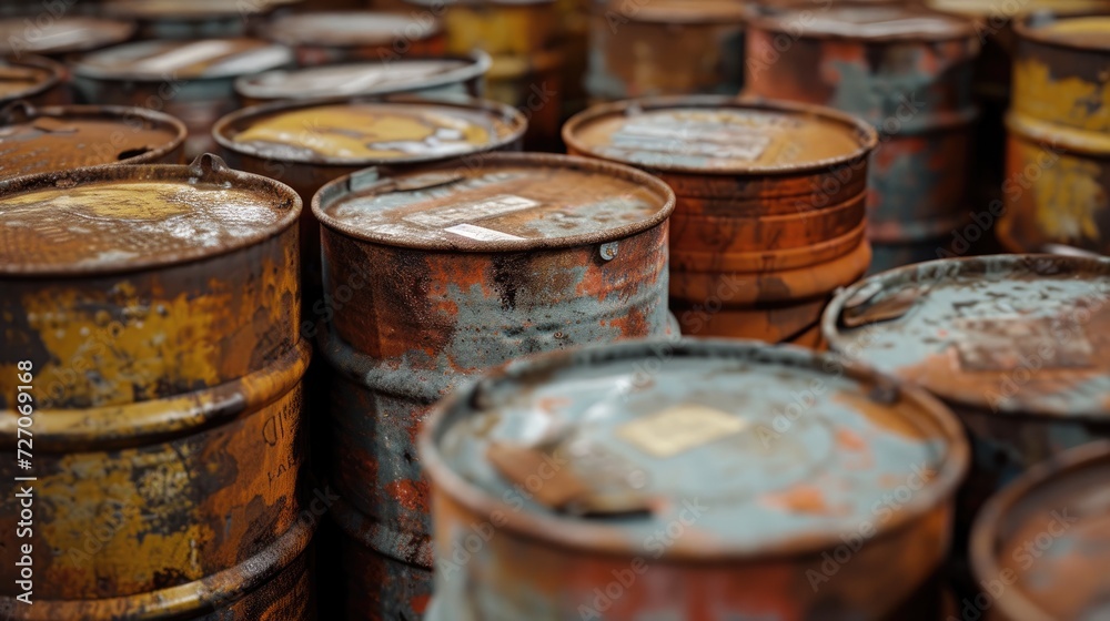 Polluting barrels containing petroleum products and toxic chemicals, posing environmental hazards. Polluting barrels containing petroleum products and toxic chemicals, posing environmental hazards.
