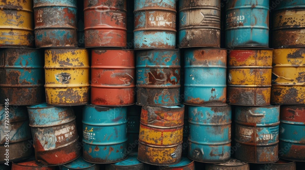 Polluting barrels containing petroleum products and toxic chemicals, posing environmental hazards. Polluting barrels containing petroleum products and toxic chemicals, posing environmental hazards.
