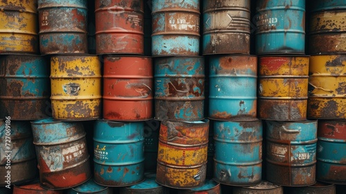 Polluting barrels containing petroleum products and toxic chemicals, posing environmental hazards.