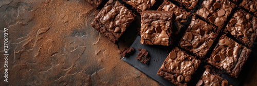 chocolate brownies on meatal background with cocoa powder  photo