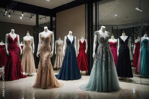 Elegant formal dresses for sale in luxury modern shop boutique.  photo
