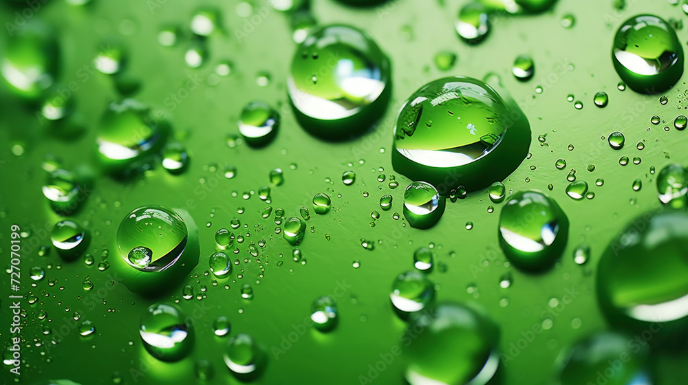 Closeup of water drops sliding on wet surface. Green background. Generative AI Closeup of water drops sliding on wet surface. Green background. Generative AI