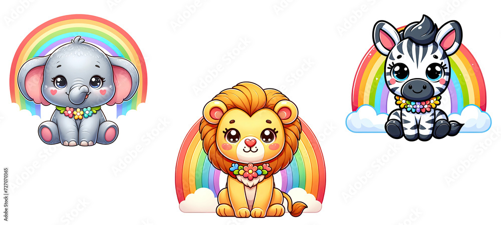 Fototapeta premium Cute Safari Animals with Rainbow Clipart