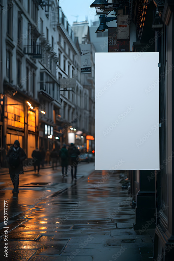 Minimalistic ad advertising with blank white empty board frame billboard sign template with copy space for text on the city street wall, business announcement promotion concept