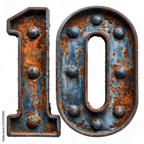 Number 10 made of rusty metal in grunge style.