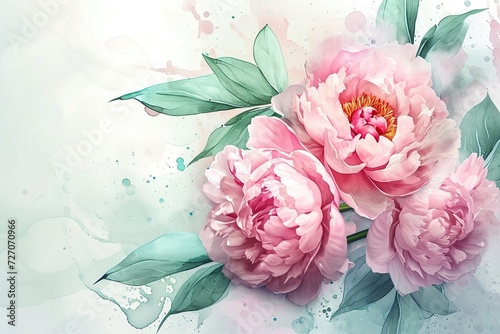 Elegant pink peonies watercolor style with soft green leaves and abstract watercolor splashes