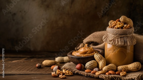 Peanut butter jar and heap of nuts on vintage background. copy space for text. photo