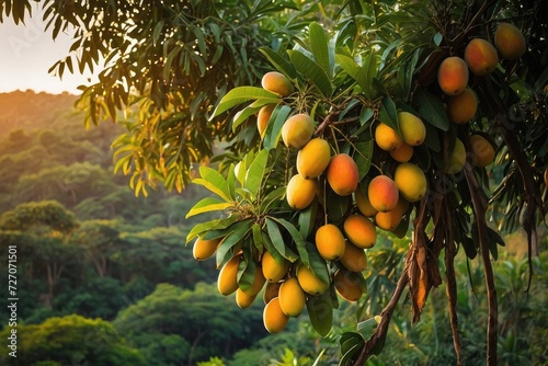 Bunch of fresh ripe mangoes hanging on a tree in mongo garden 