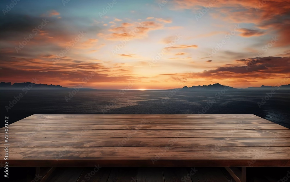 realistic photo of wooden table with sea, island and sunset in the background. generative ai