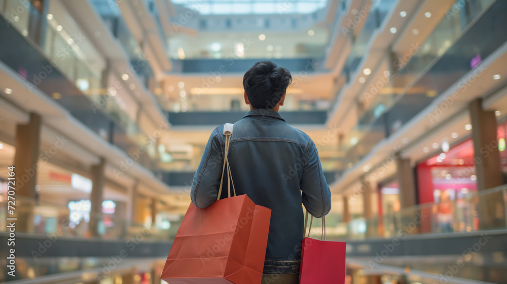 Young Indian Man with Shopping Bags in Multifloor Mall, Back View Young Indian Man with Shopping Bags in Multifloor Mall, Back View