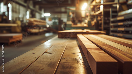 Lumber in warehouse. Wooden boards.