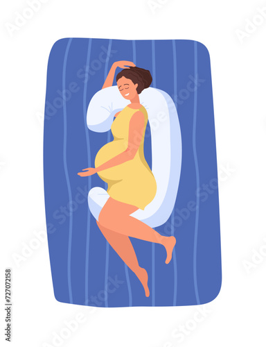 Pregnant woman sleeping with maternity pillow on her bed. Happy pregnant woman relaxing. Belly support pillow. Pregnancy, maternity, healthcare, gynecology concept. Flat vector illustration isolated.