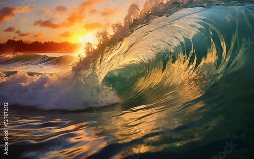 realistic photo of the beauty of the waves on the beach, with a sunset background. generative ai