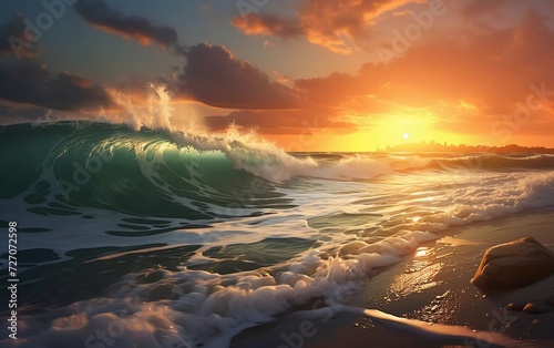 realistic photo of the beauty of the waves on the beach, with a sunset background. generative ai photo