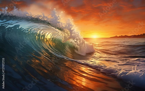 realistic photo of the beauty of the waves on the beach, with a sunset background. generative ai