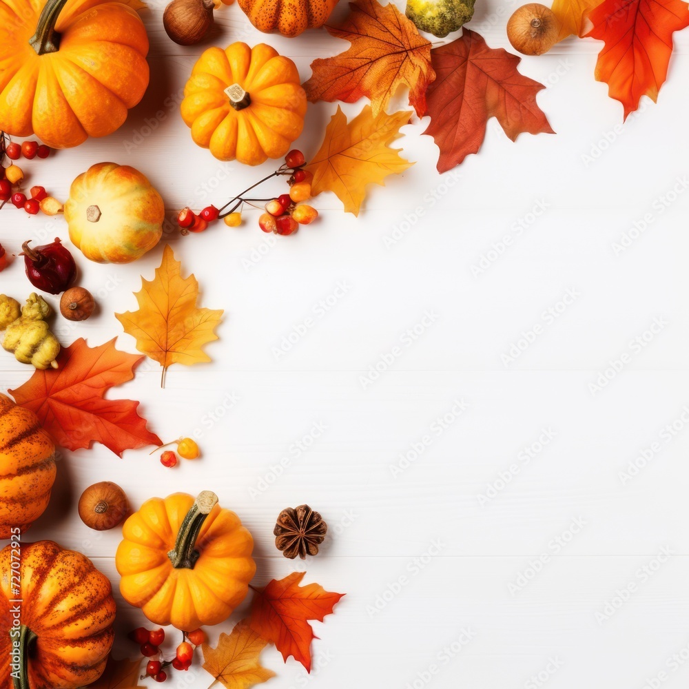 Festive autumn decor with pumpkins, berries, and leaves on a white wooden background, top view.