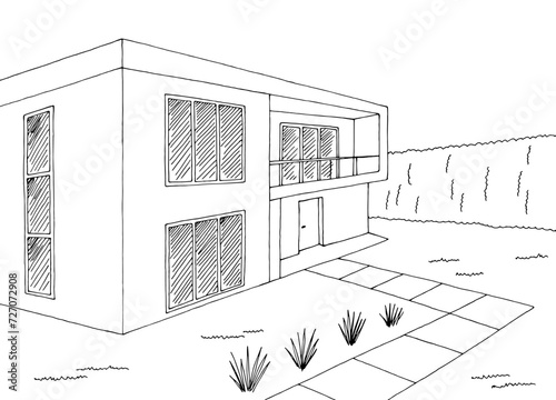 Modern house exterior graphic black white sketch illustration vector