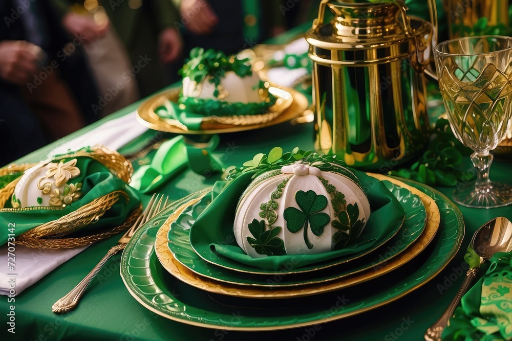 a table set for a st patrick's day party, green tones and golden charms, place setting