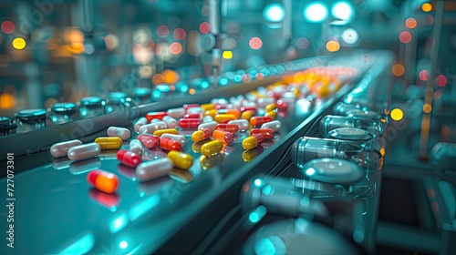 A cutting-edge pharmaceutical factory featuring dynamic pills in motion on a conveyor, exemplifying drug manufacturing at its finest. photo