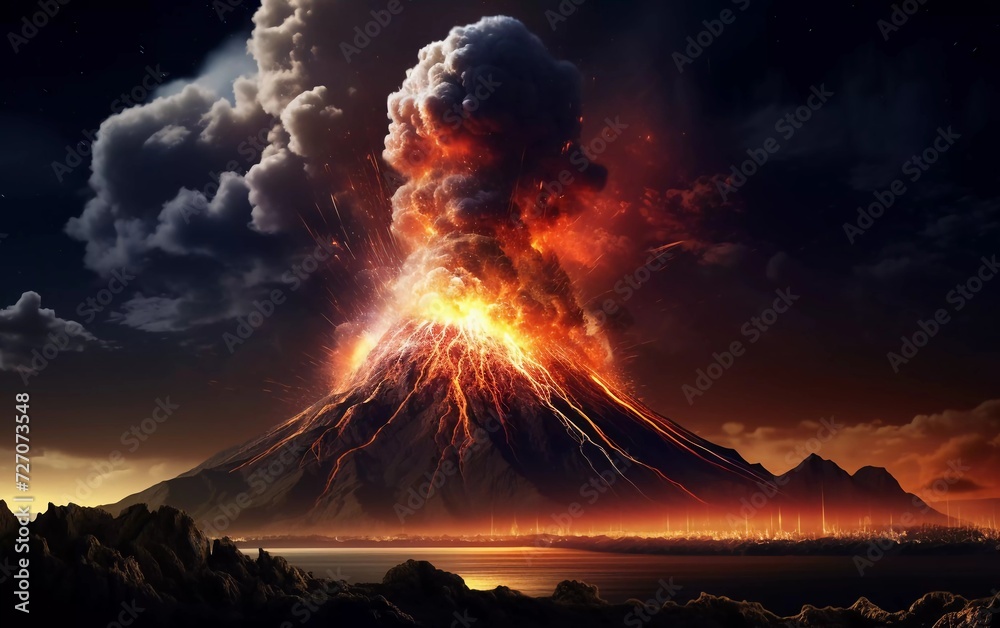 realistic photo The volcano erupts at night, with high explosive power. generative ai