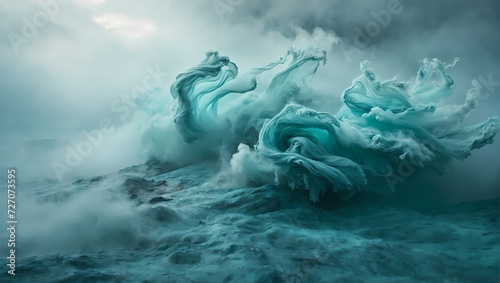 Obraz na plátně Teal-colored fog swirling and twirling, conjuring a tempestuous atmosphere and capturing the essence of dynamic change