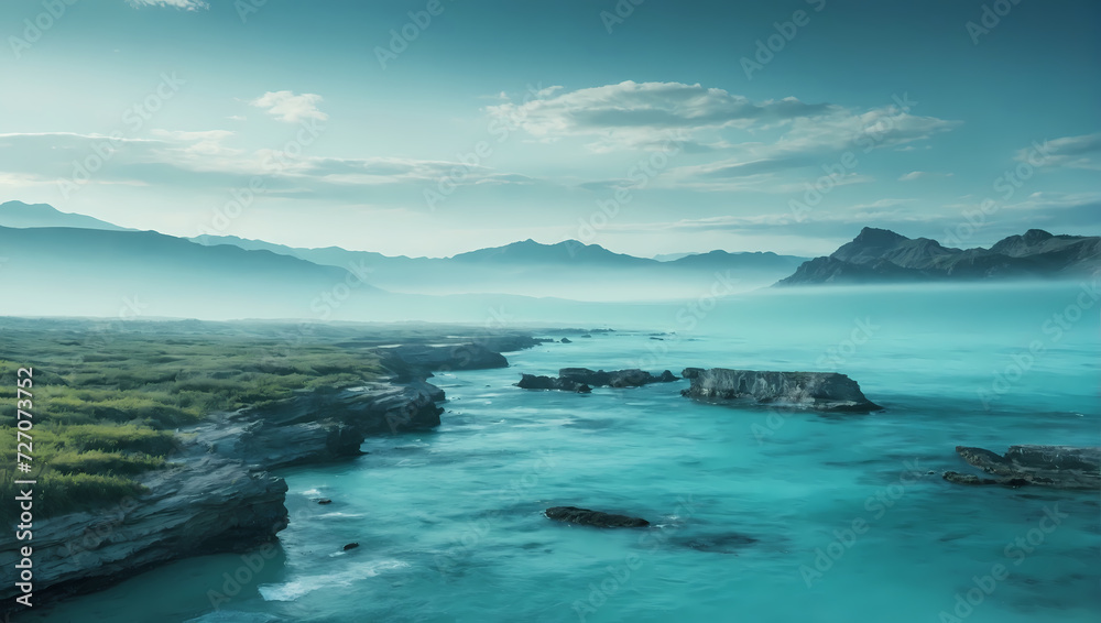 Tranquil turquoise haze settling low, bringing a sense of calmness and serenity to the atmospheric setting.
