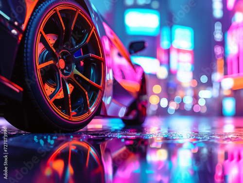 Close-up of a sports car wheel on a night street. © SashaMagic