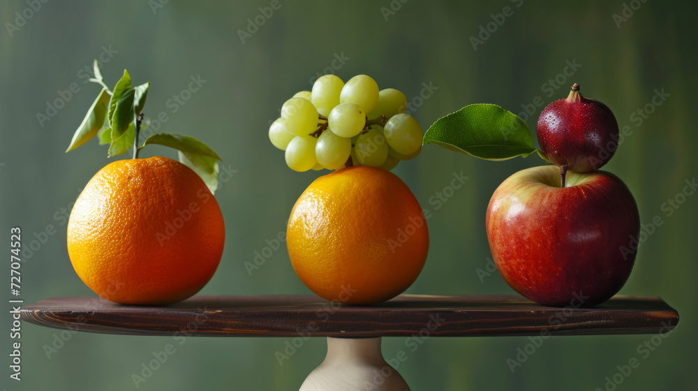Beautiful balanced composition of fruits on a green background. Beautiful balanced composition of fruits on a green background.
