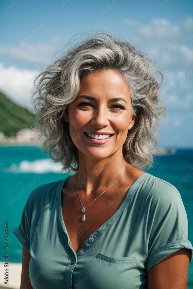 portrait of beautiful happy smiling middle aged woman posing on vacation in a seaside resort