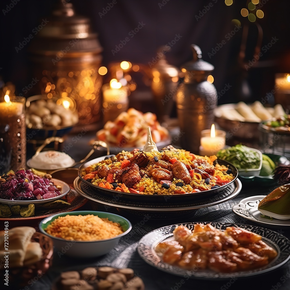 Ramadan Kareem Iftar party table with assorted festive traditional Arab dishes. Ramadan Kareem Iftar party table with assorted festive traditional Arab dishes.
