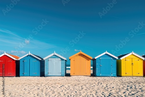 Beach huts or bathing houses on the beach with blue sky background © Eva Corbella