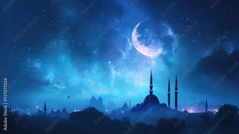 Eid al-fitr and the divine essence of Ramadan: a joyous Islamic Lent-Eid feast, inspired by Prophet Muhammad, illuminated by crescent moon, uniting families in prayer, tradition, festive spirituality