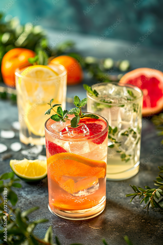 tropical cocktails drinks infused water lemonades in a curated editorial magazine setting with shadows and sunlight for beach bar summer refreshing ice with lemon lime grapefruit tropical cocktails drinks infused water lemonades in a curated editorial magazine setting with shadows and sunlight for beach bar summer refreshing ice with lemon lime grapefruit