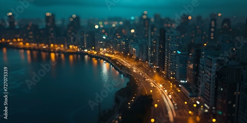 Dusk descends on a bustling cityscape, lights twinkle along a curving riverside road. urban skyline in twilight. atmospheric city photo for modern designs. AI