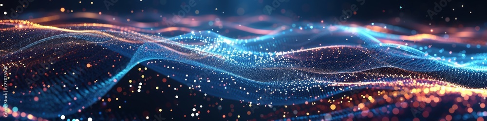 Big data analysis abstract background, visualizing a VR landscape where data points are suspended in mid-air, connected by beams of light, symbolizing the networked nature of information. Big data analysis abstract background, visualizing a VR landscape where data points are suspended in mid-air, connected by beams of light, symbolizing the networked nature of information.