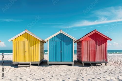 Beach huts or bathing houses on the beach with blue sky background © Eva Corbella