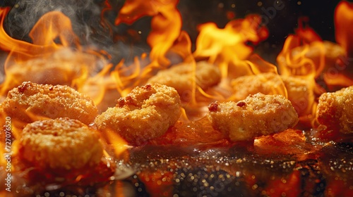 Spicy chicken nuggets burning in the fire