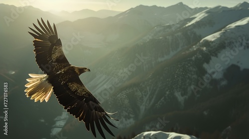 Majestic eagle soaring above snow-capped mountains, symbol of freedom. nature-inspired, serene landscape. perfect for wall art and educational use. AI